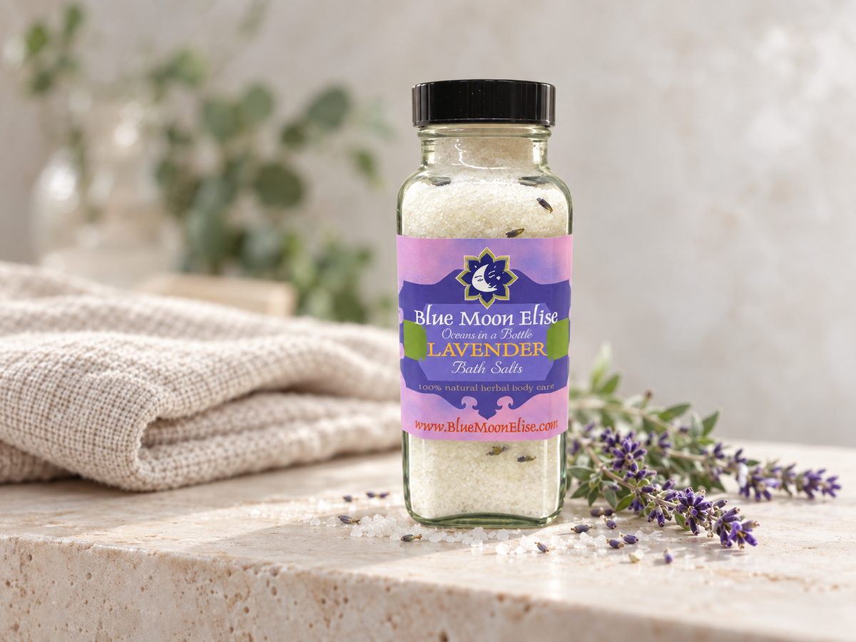 Blue Moon Elise lavender bath salts with linen and lavender on a limestone ledge
